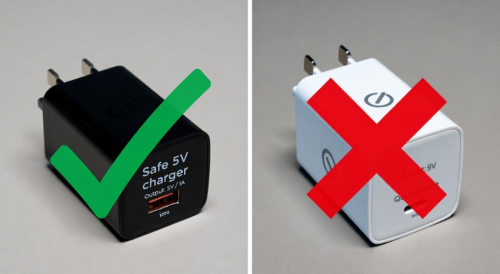 Safe 5V USB charger vs dangerous fast charger for vape batteries - comparison showing charger labels