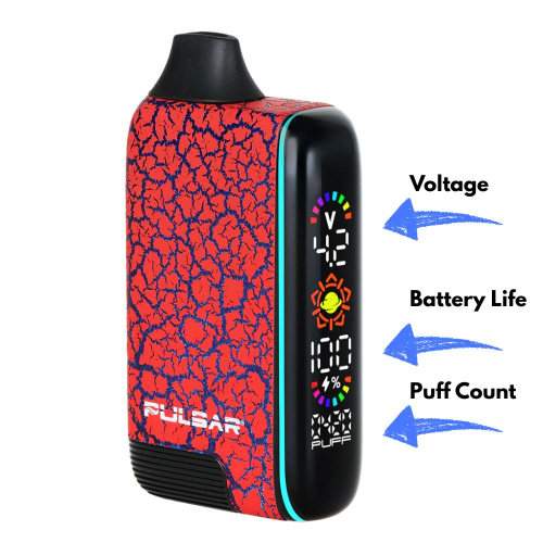 Pulsar 510 DL 5.0 vape bar LCD screen annotated with arrows pointing to battery indicator, voltage setting, and puff count for precision control
